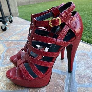 Elizabeth and James Red Croc-Embossed Strappy High Heels